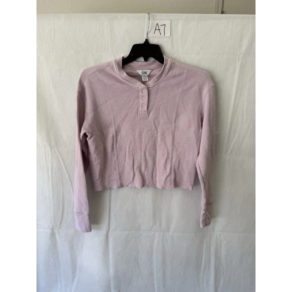 Athleta Girl Pink Waffle Knit Sweatshirt Top Girls Size XXL 16 Henley Thumbholes